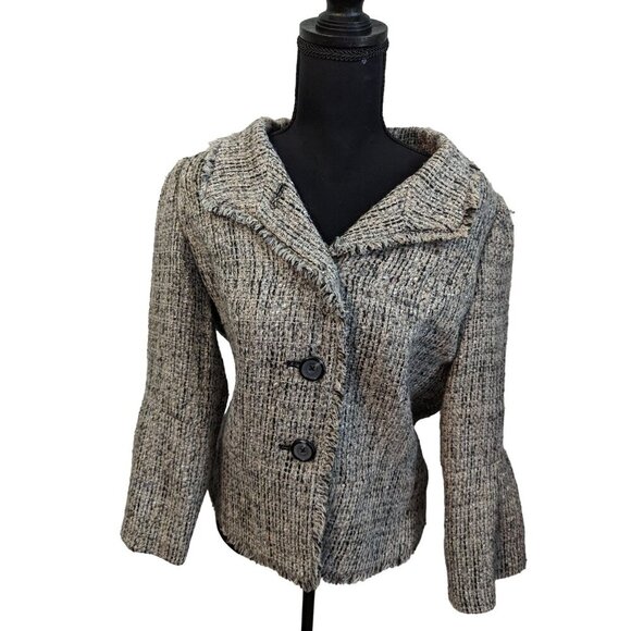 Madison womens size 12 blazer Jacket  gray black button  front ruffle fringe - Picture 6 of 15